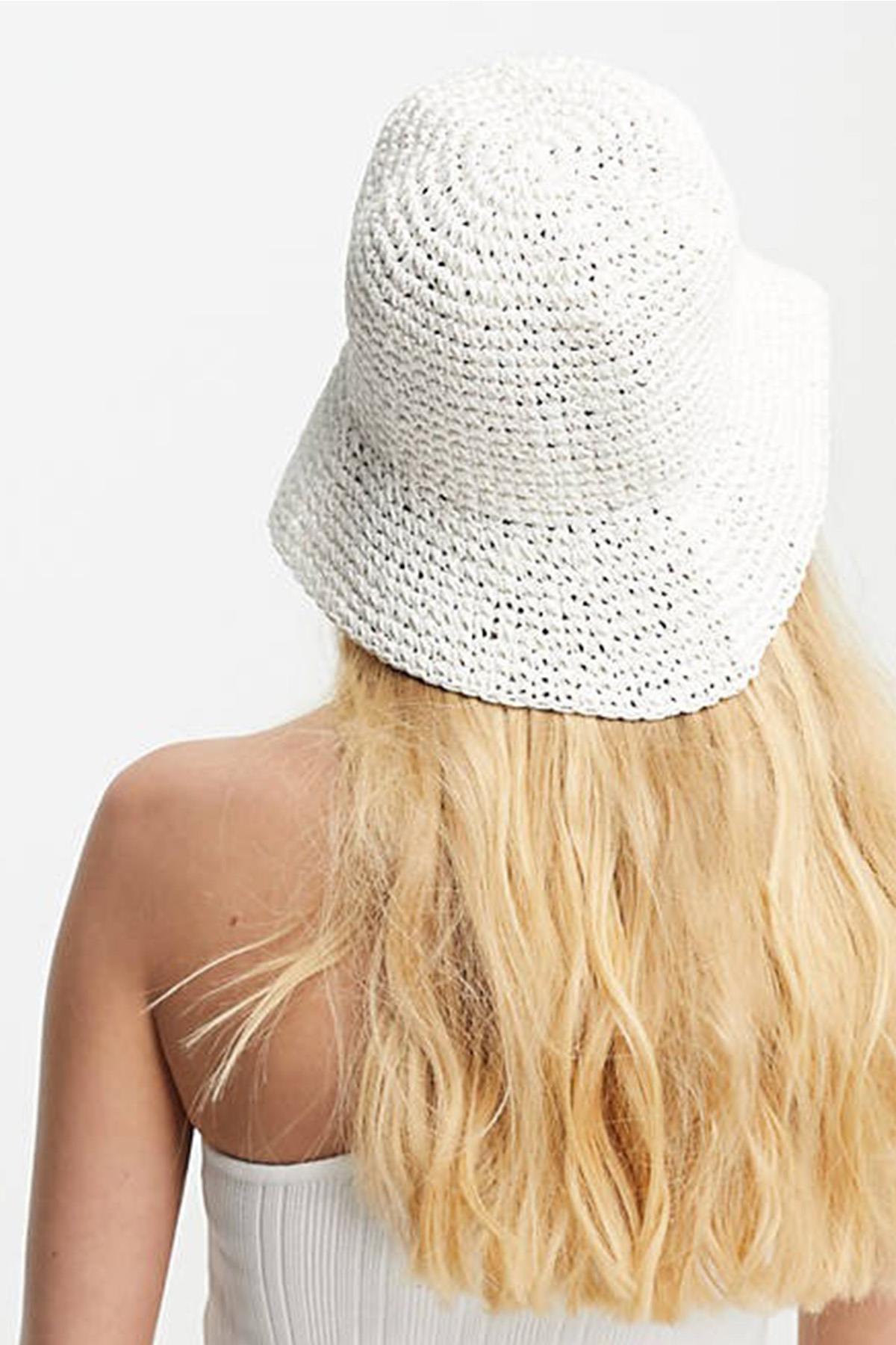 Womens Straw Bucket Hat Naturel Adjustable Beach Hat White