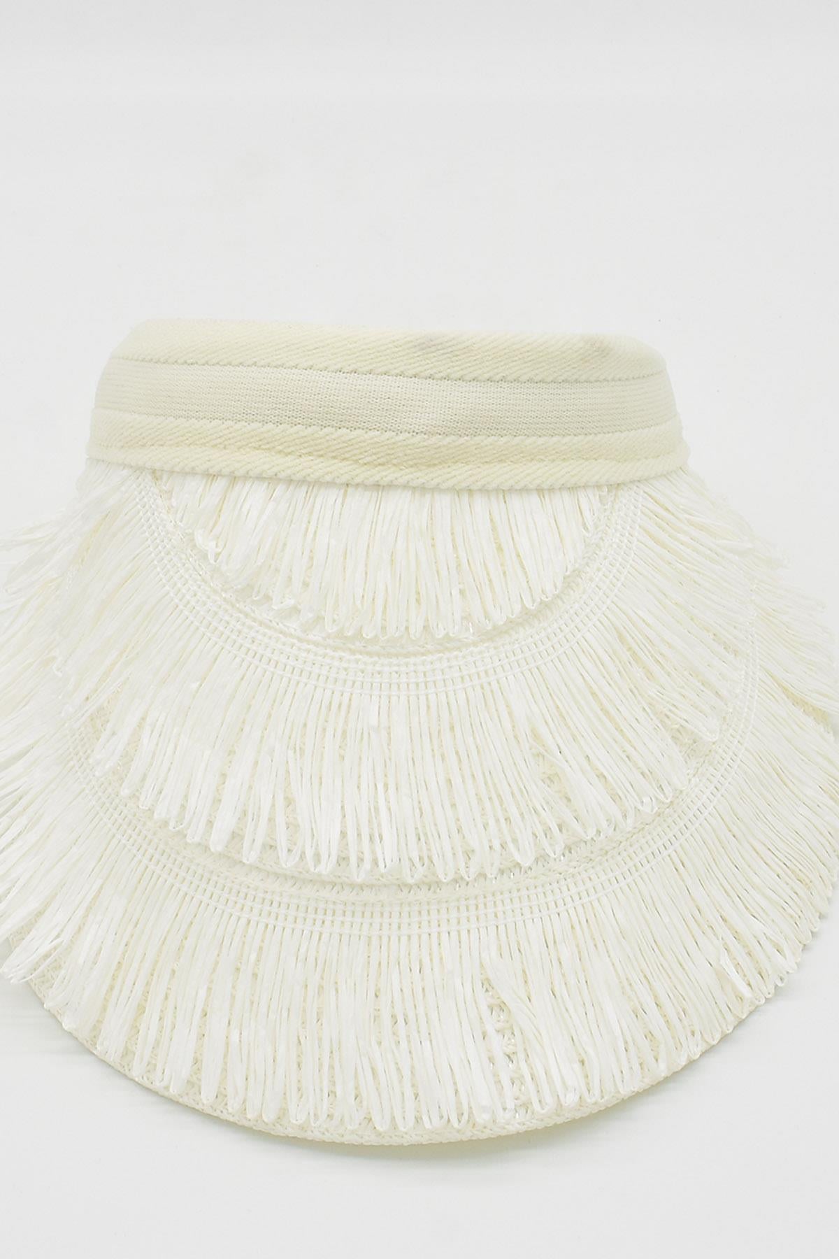 Kadın Hasır Saçaklı Boho Vizör Şapka Beyaz SS24