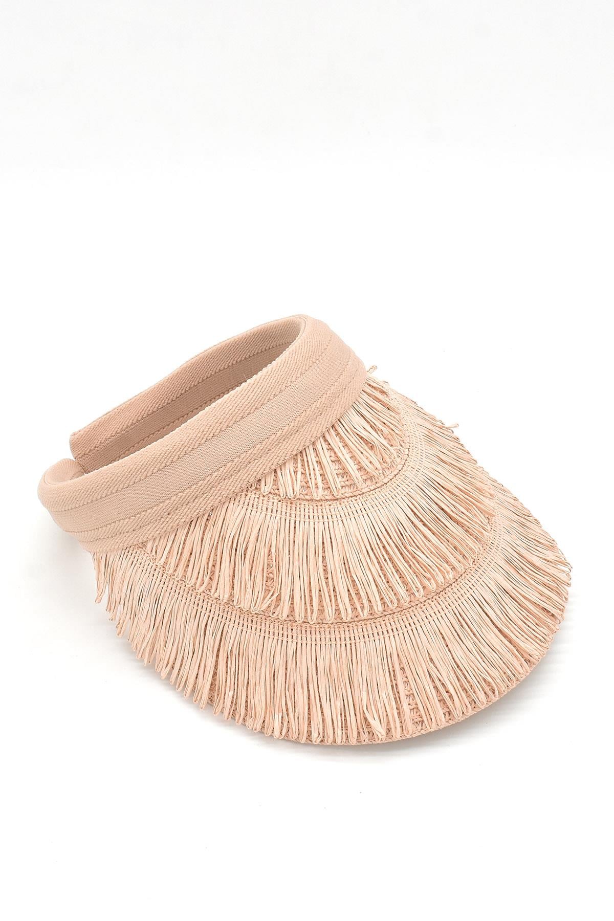 Kadın Hasır Saçaklı Boho Vizör Şapka Pembe SS24