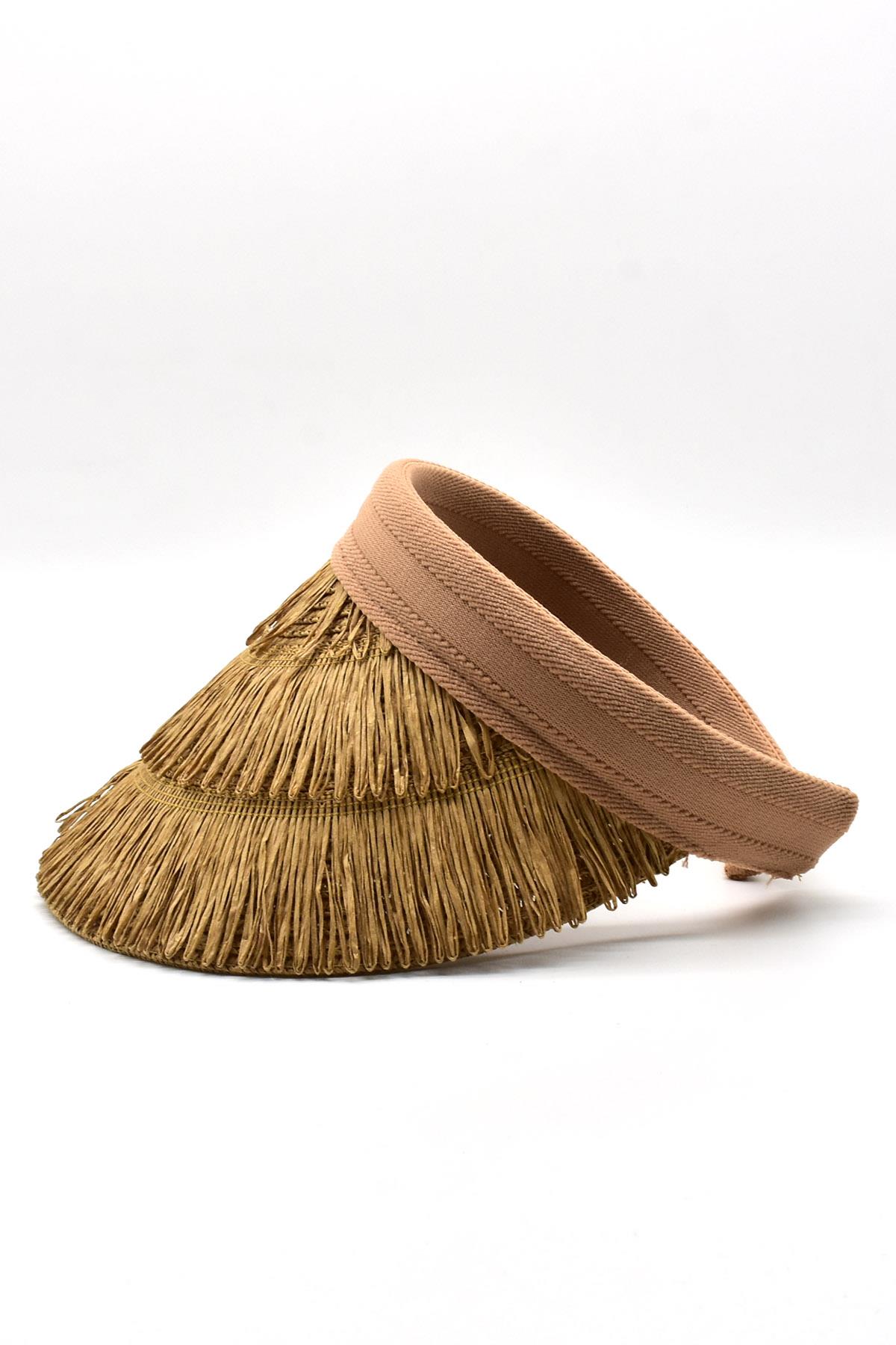 Kadın Hasır Saçaklı Boho Vizör Şapka Camel SS24