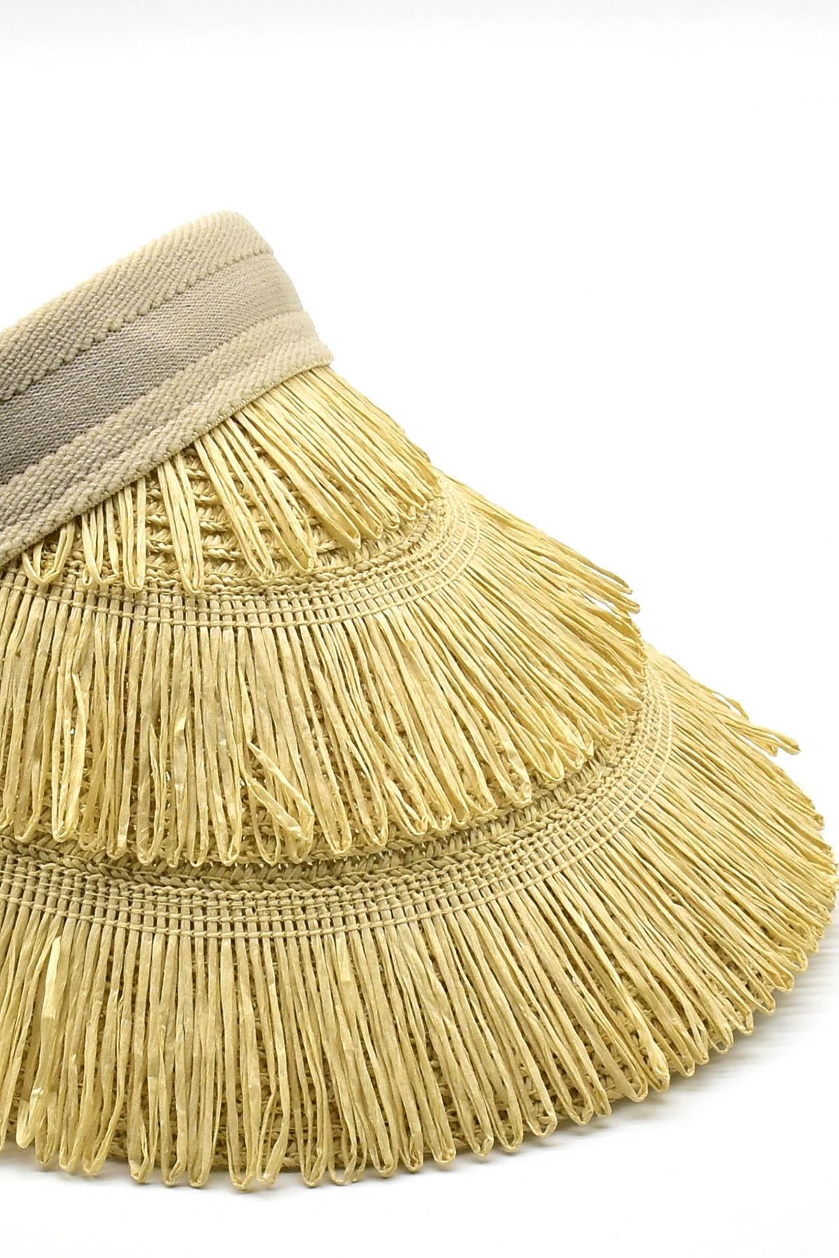 Kadın Hasır Saçaklı Boho Vizör Şapka Bej SS24