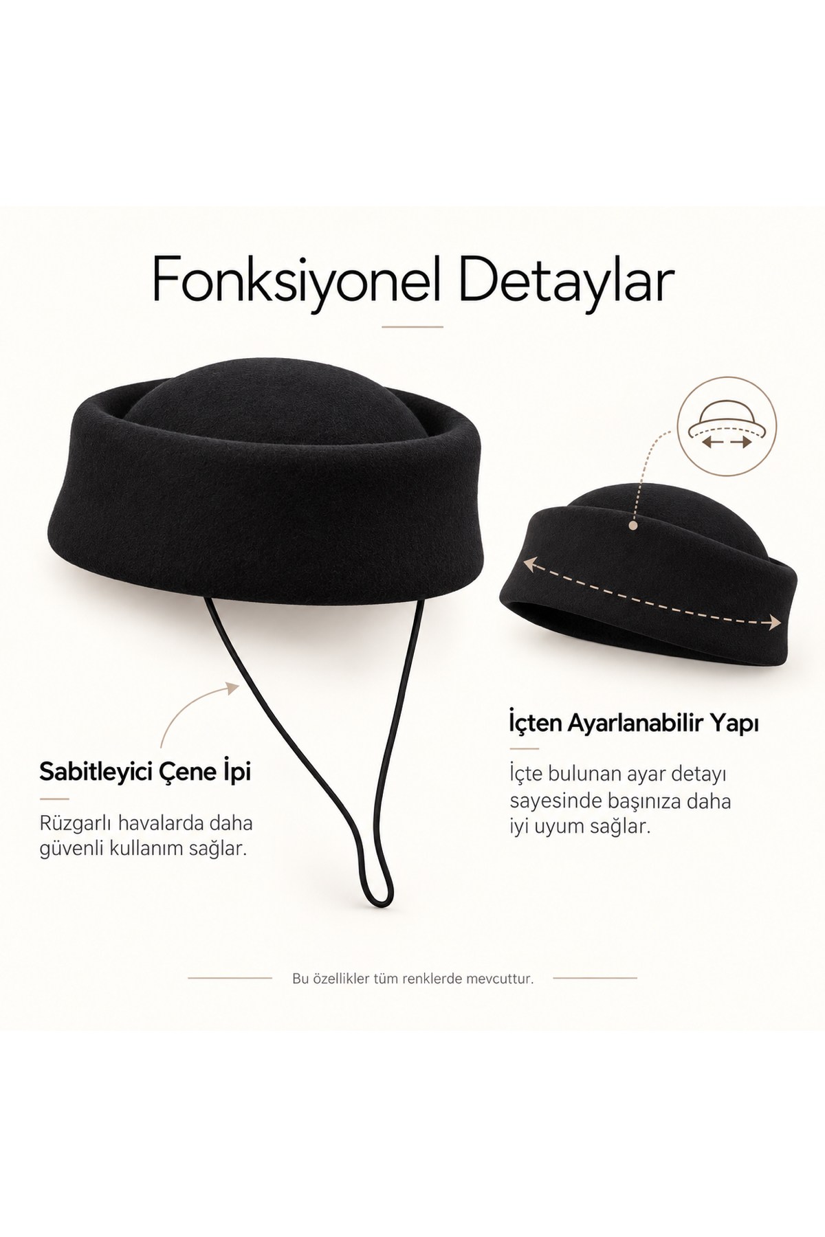 Kadın Pillbox Şapka – Sert Dokulu Sentetik Keçe, Ayarlanabilir, Çene İpli