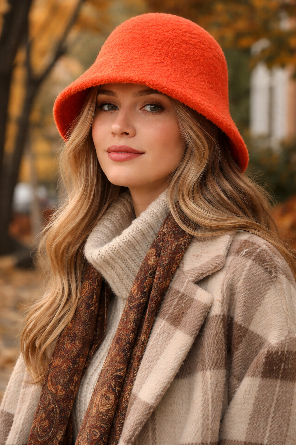 Kadın Premium Cloche Şapka Kışlık Boho Bucket Hat - Orange