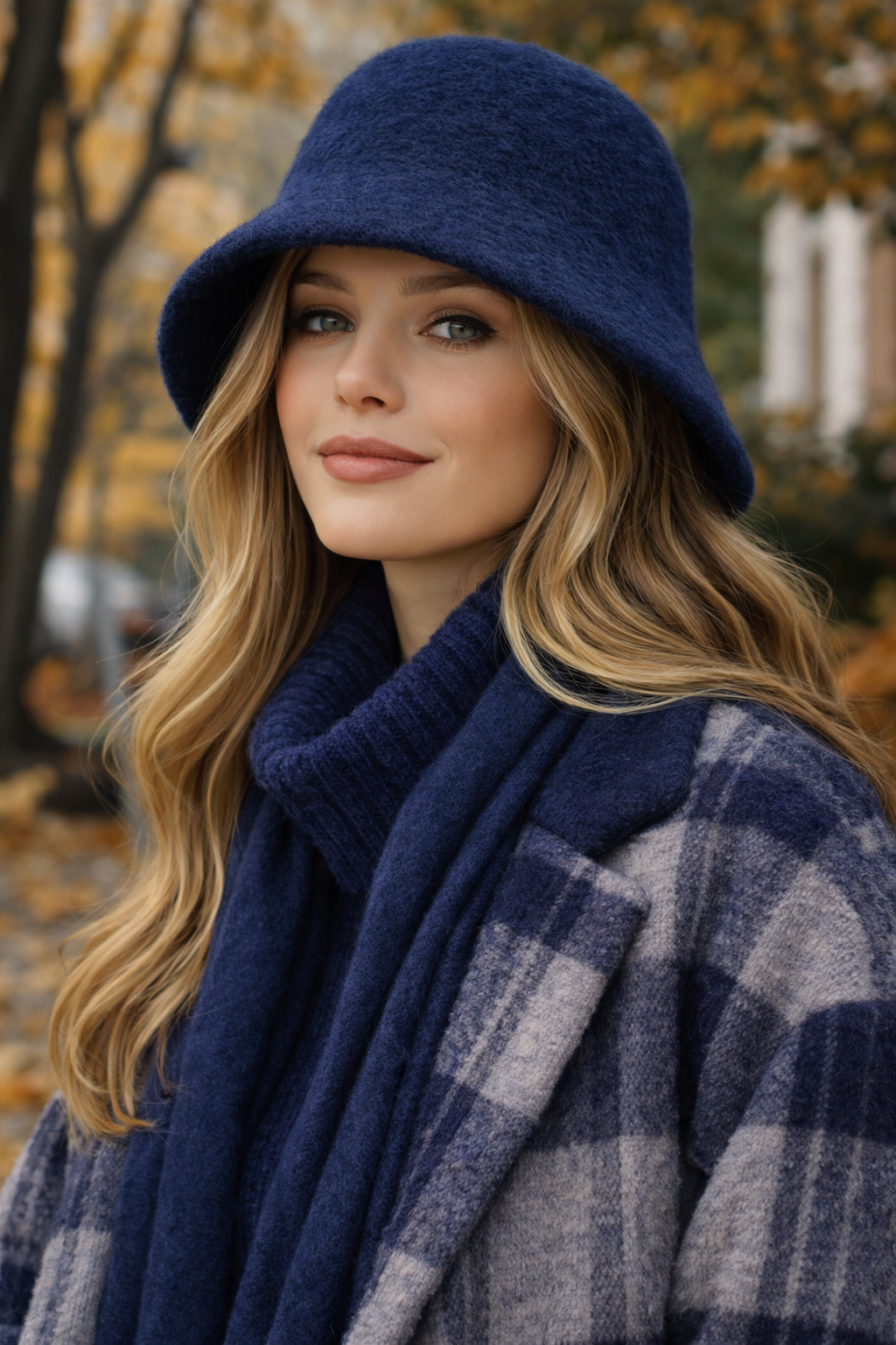 Kadın Premium Cloche Şapka Kışlık Boho Bucket Hat - Lacivert