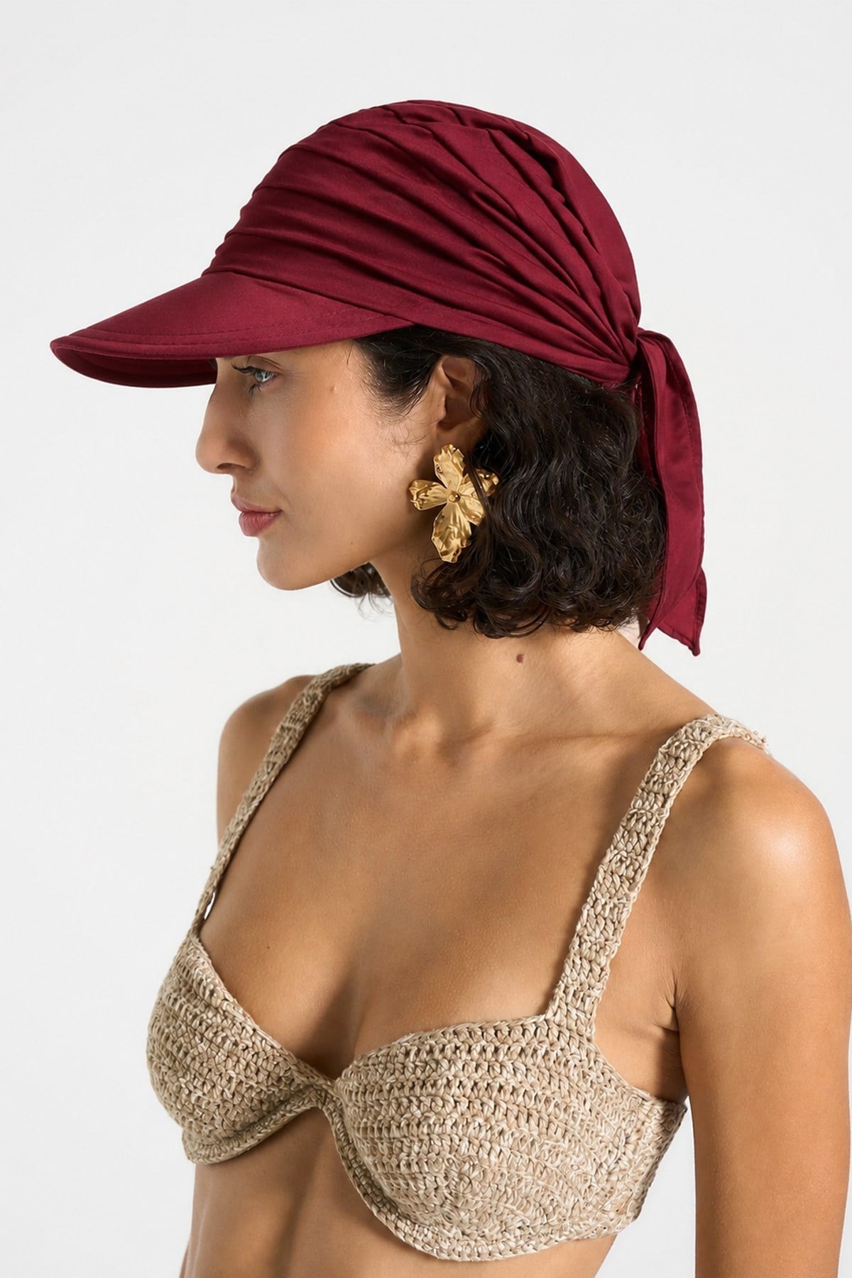 Kadın Safari Bağlamalı Eşarp Siperli Bandana Plaj Şapkası - Bordo