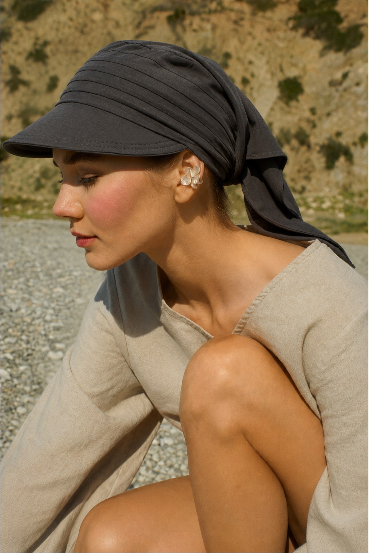 Kadın Safari Bağlamalı Eşarp Siperli Bandana Plaj Şapkası Siyah