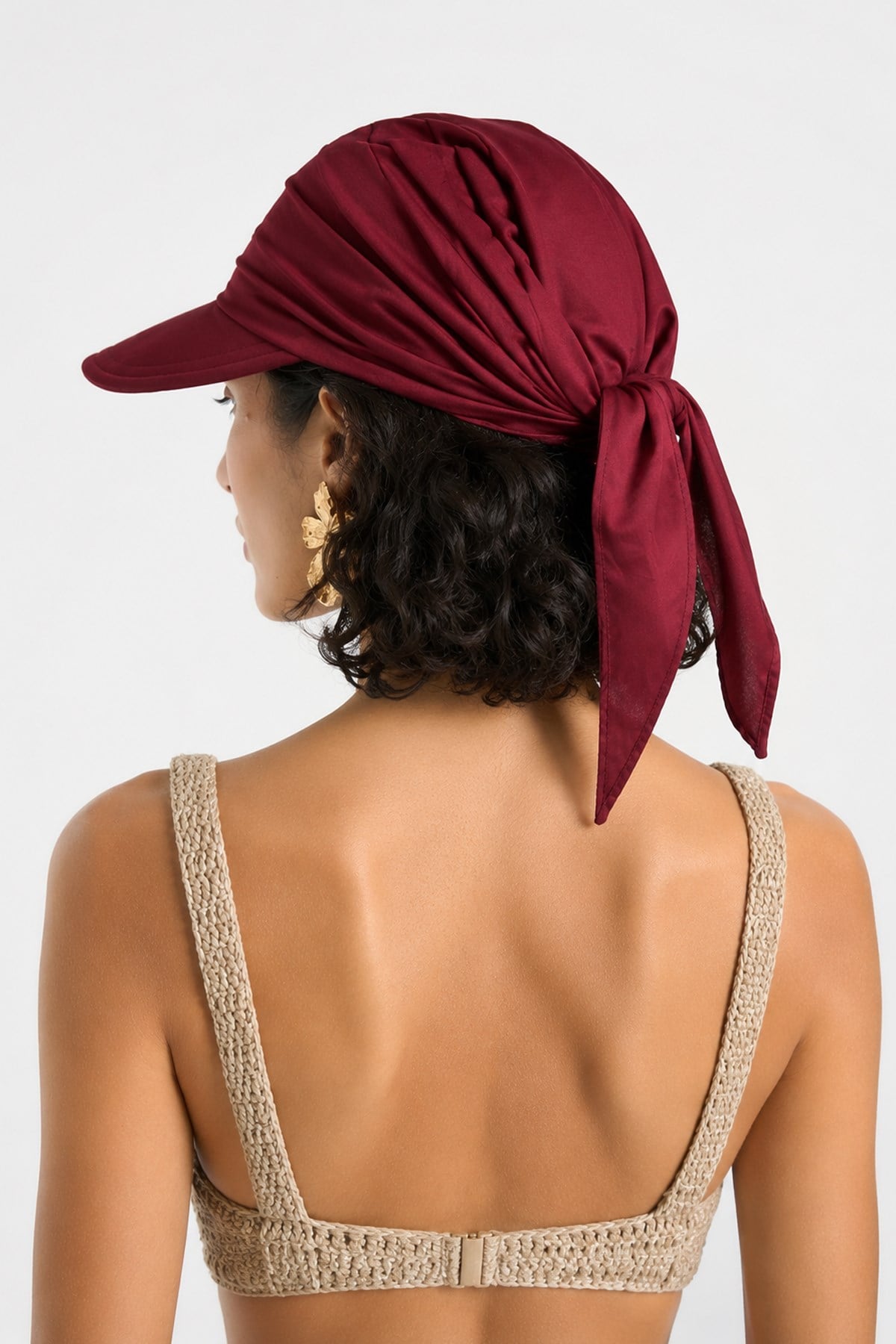 Kadın Safari Bağlamalı Eşarp Siperli Bandana Plaj Şapkası - Bordo
