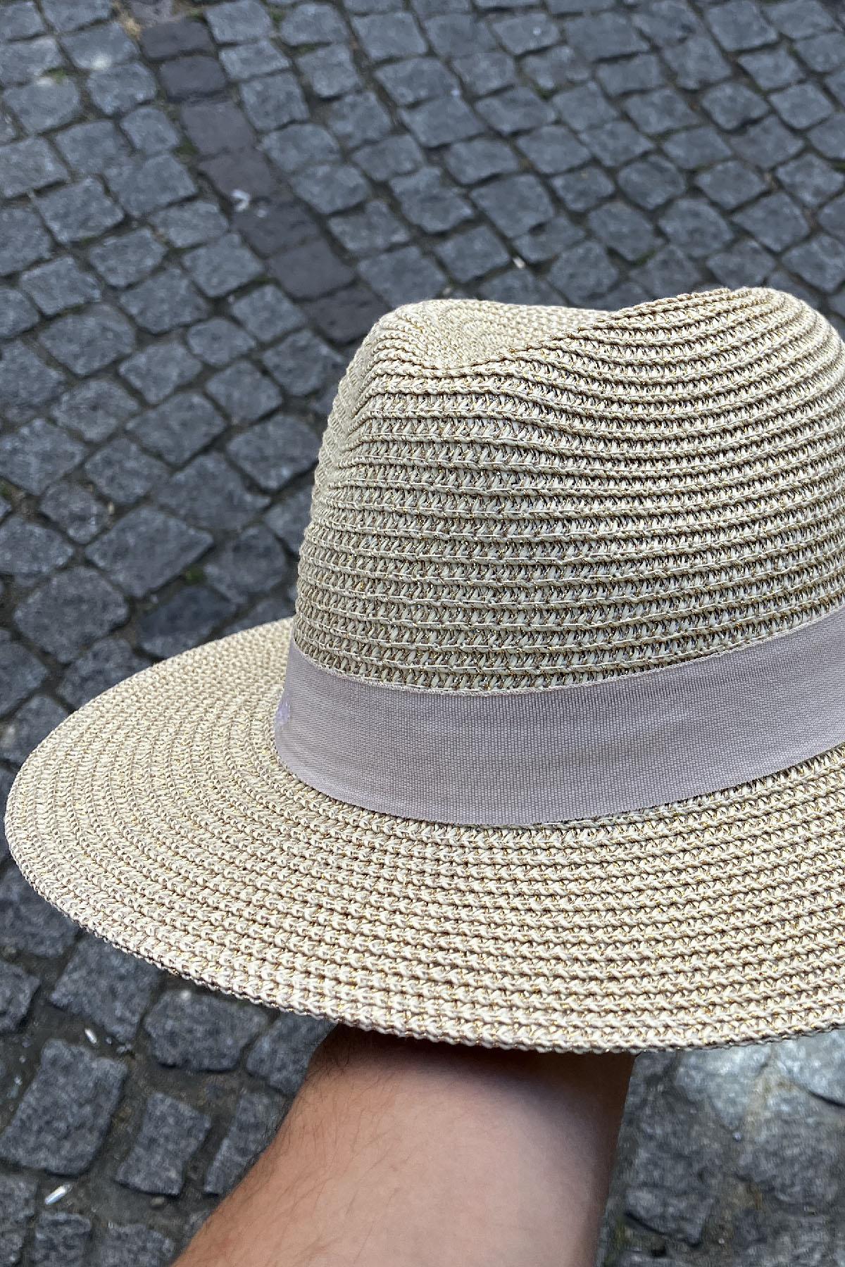 Kadın Simli Premium Hasır Fedora Şapka - Bej