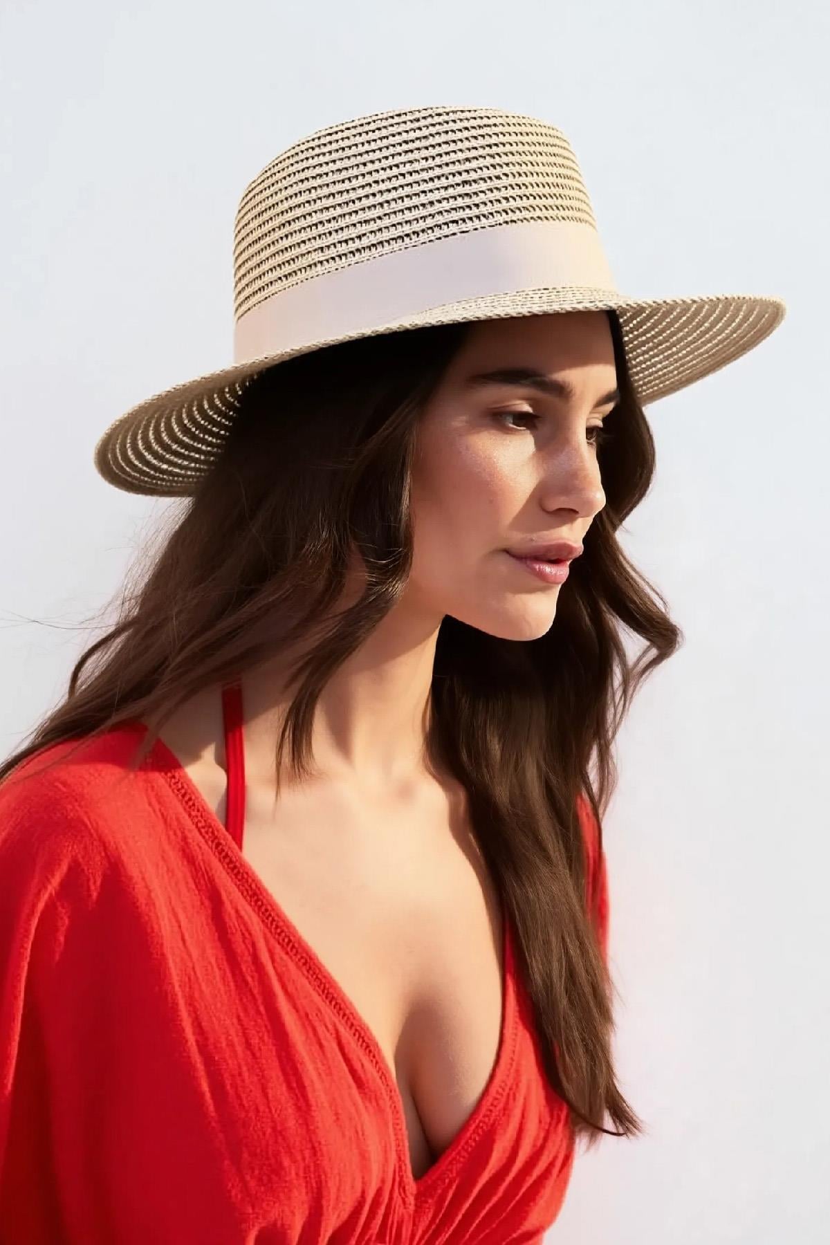 Kadın Simli Premium Hasır Fedora Şapka - Bej