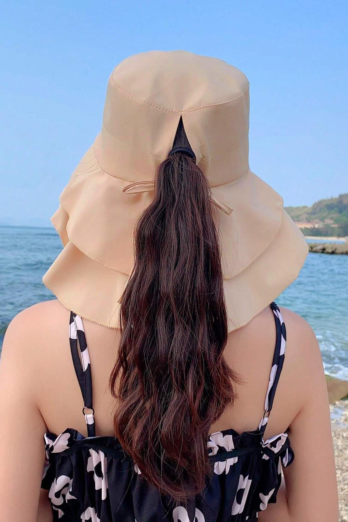 Kadın Uv Koruyucu İpli Geniş Siperli Güneş Şapkası - Camel