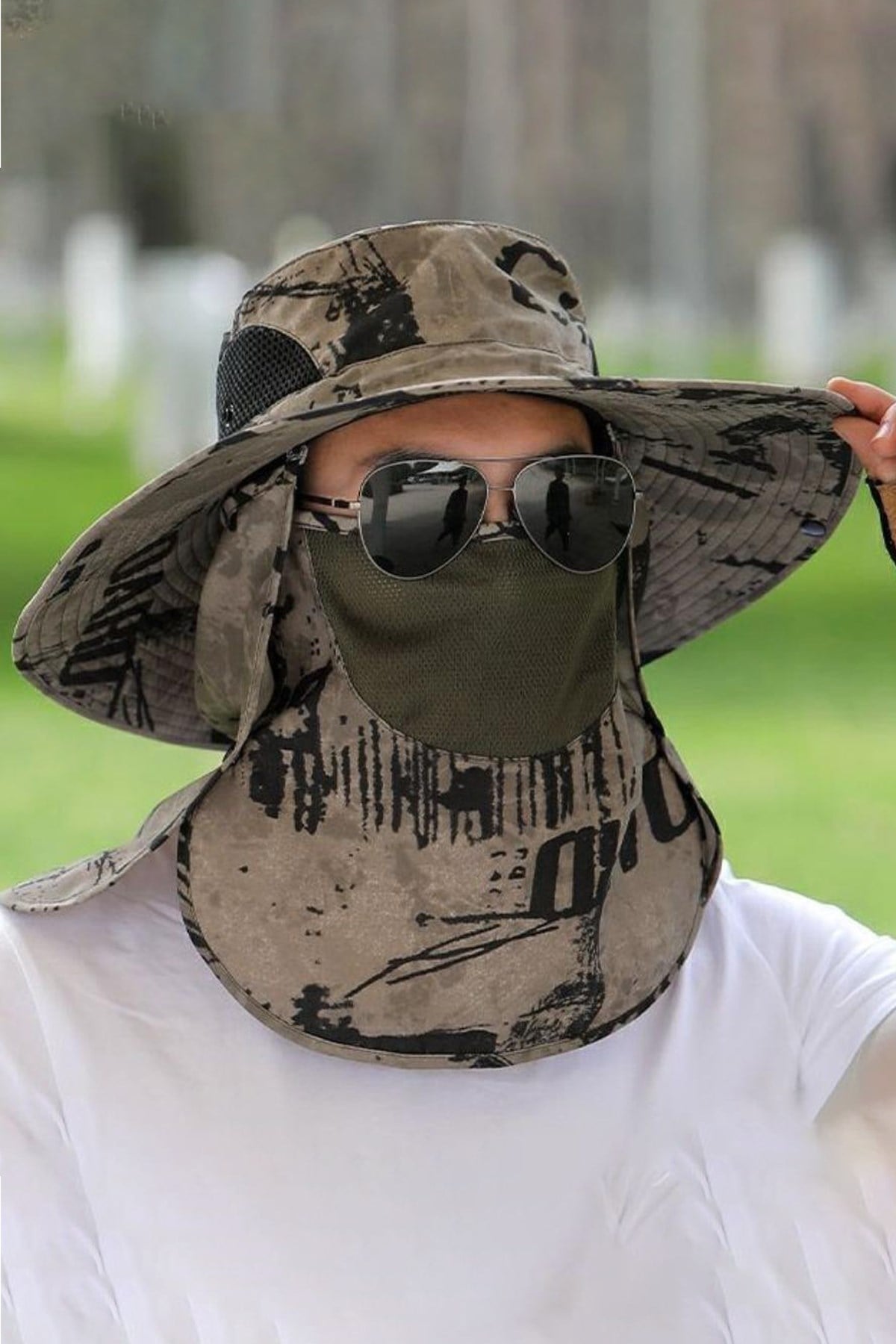Kamuflaj Güneş Koruyucu Taktik Şapka - Çıkarılabilir Ense - Maske Korumalı