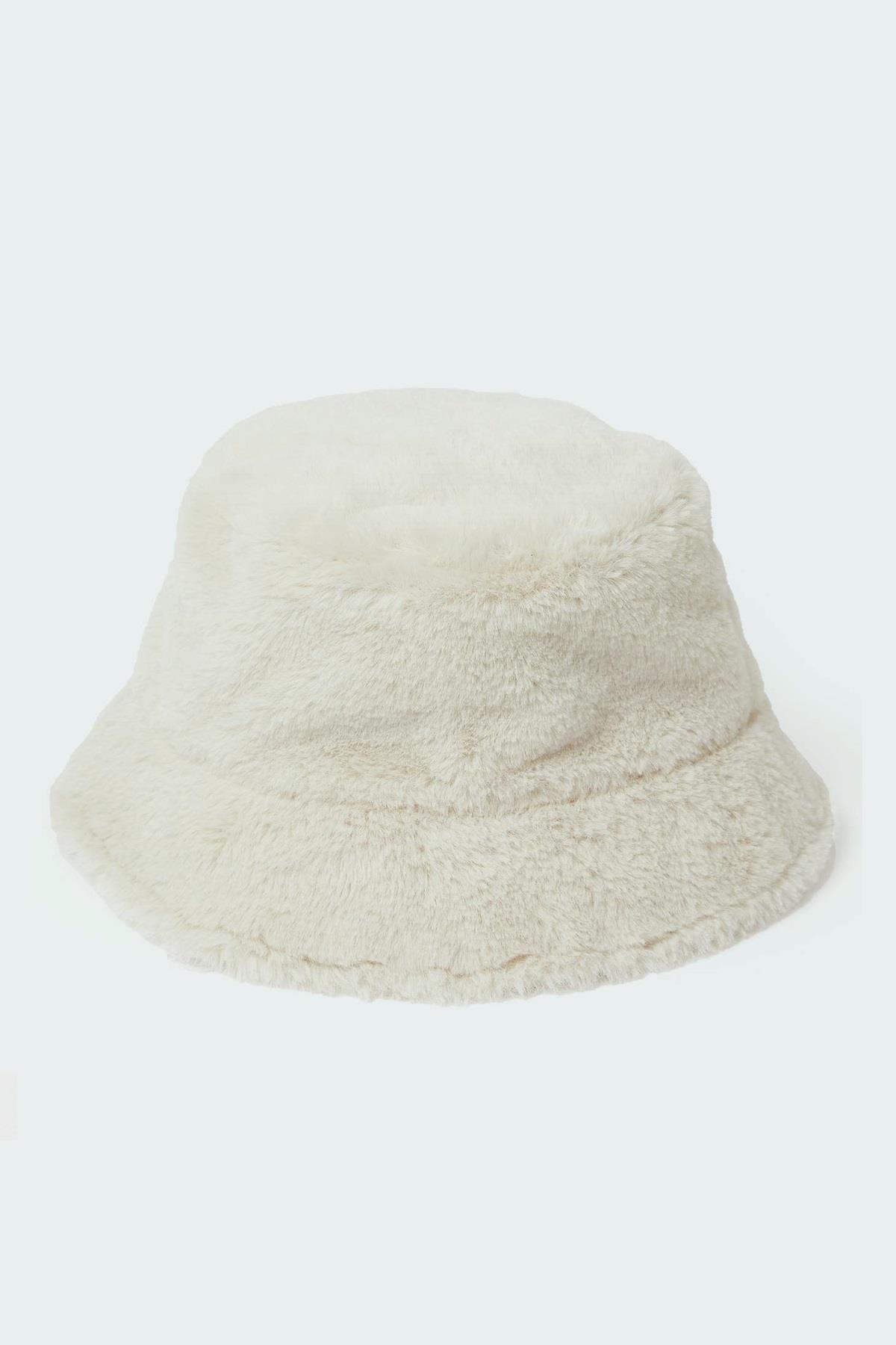 Krem Yumuşak Dokulu Peluş Bucket Şapka