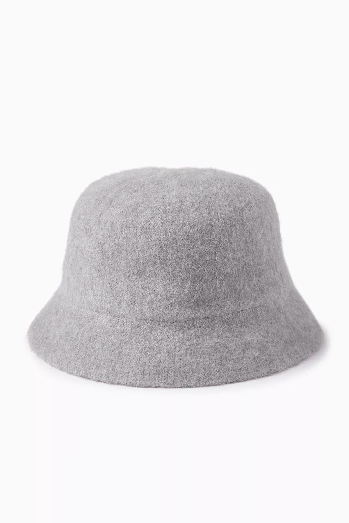 Lüks Alpaka Yün Kova Şapka - Gri Kışlık Boho Bucket Hat
