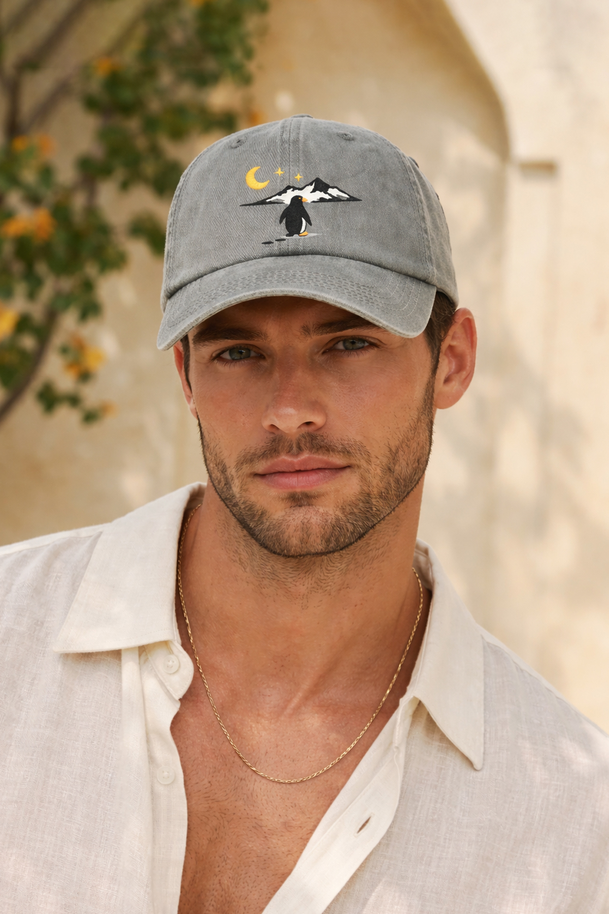 Penguen Nakışlı Gri Unisex Baseball Cap – Yıkamalı Vintage Stil
