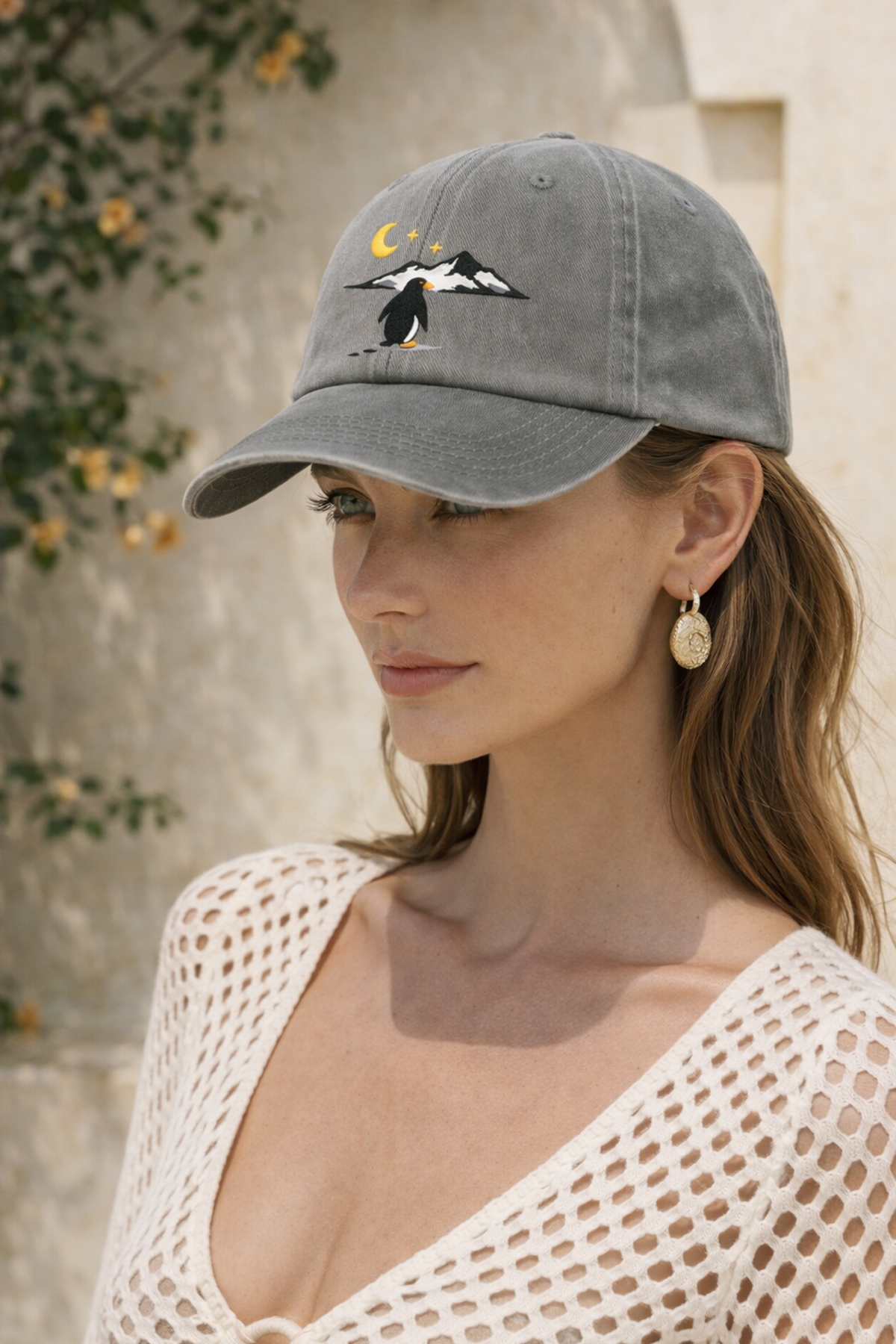 Penguen Nakışlı Gri Unisex Baseball Cap – Yıkamalı Vintage Stil