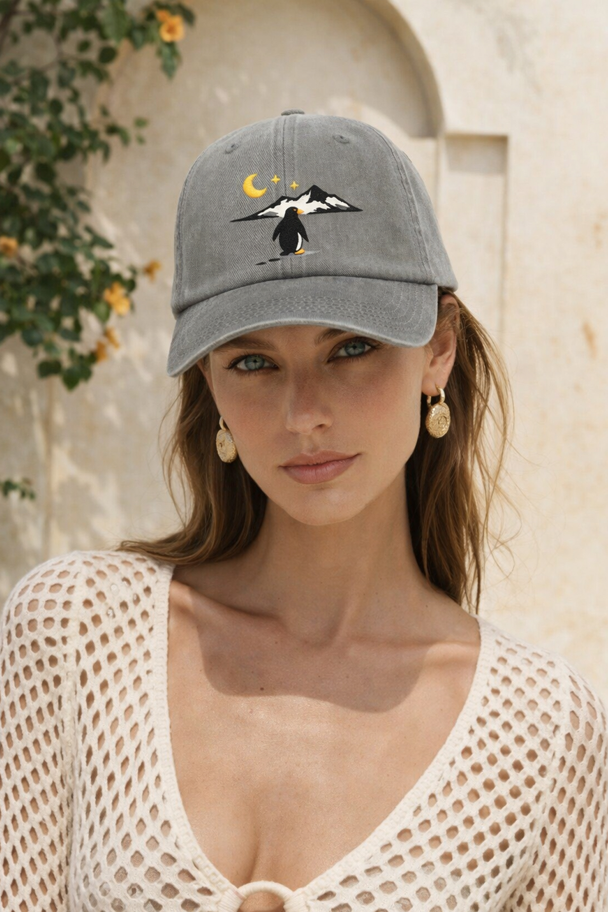 Penguen Nakışlı Gri Unisex Baseball Cap – Yıkamalı Vintage Stil