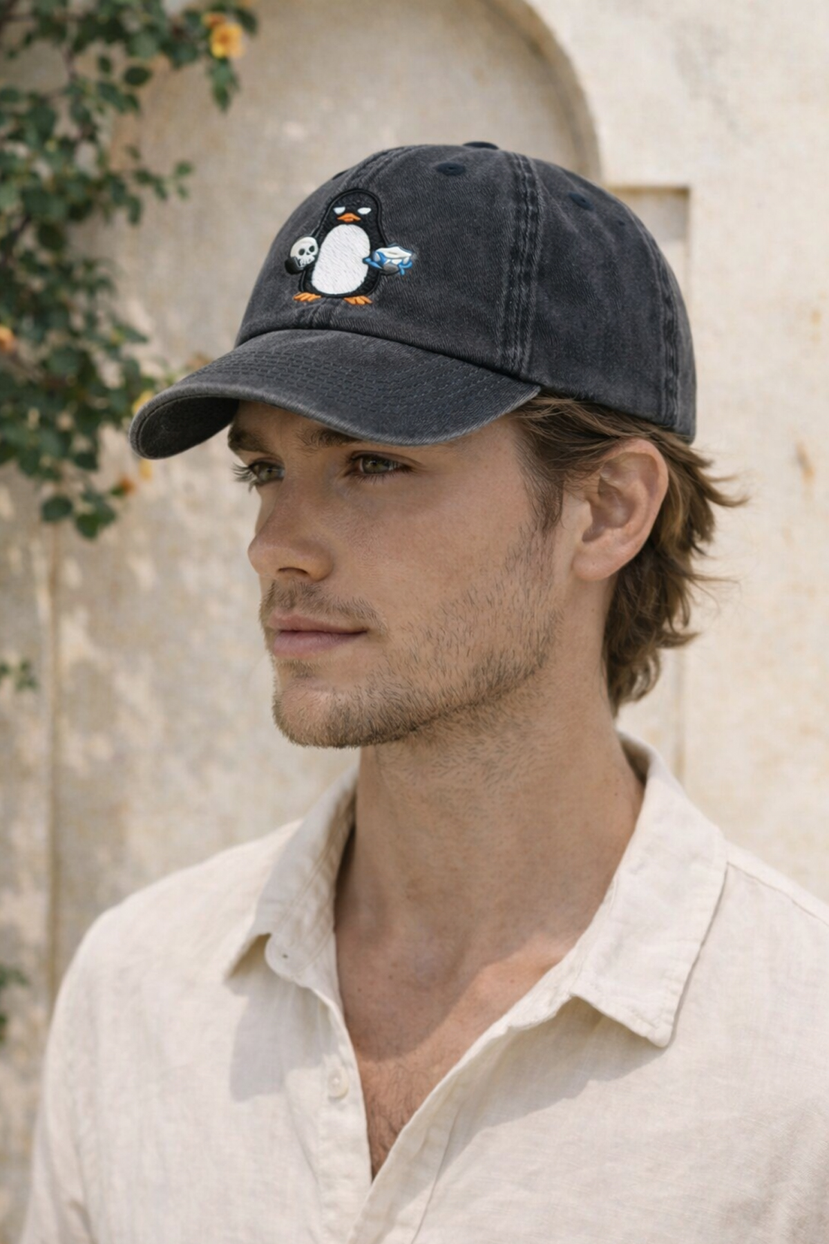 Penguen Nakışlı Siyah Unisex Baseball Cap – Yıkamalı Vintage Stil