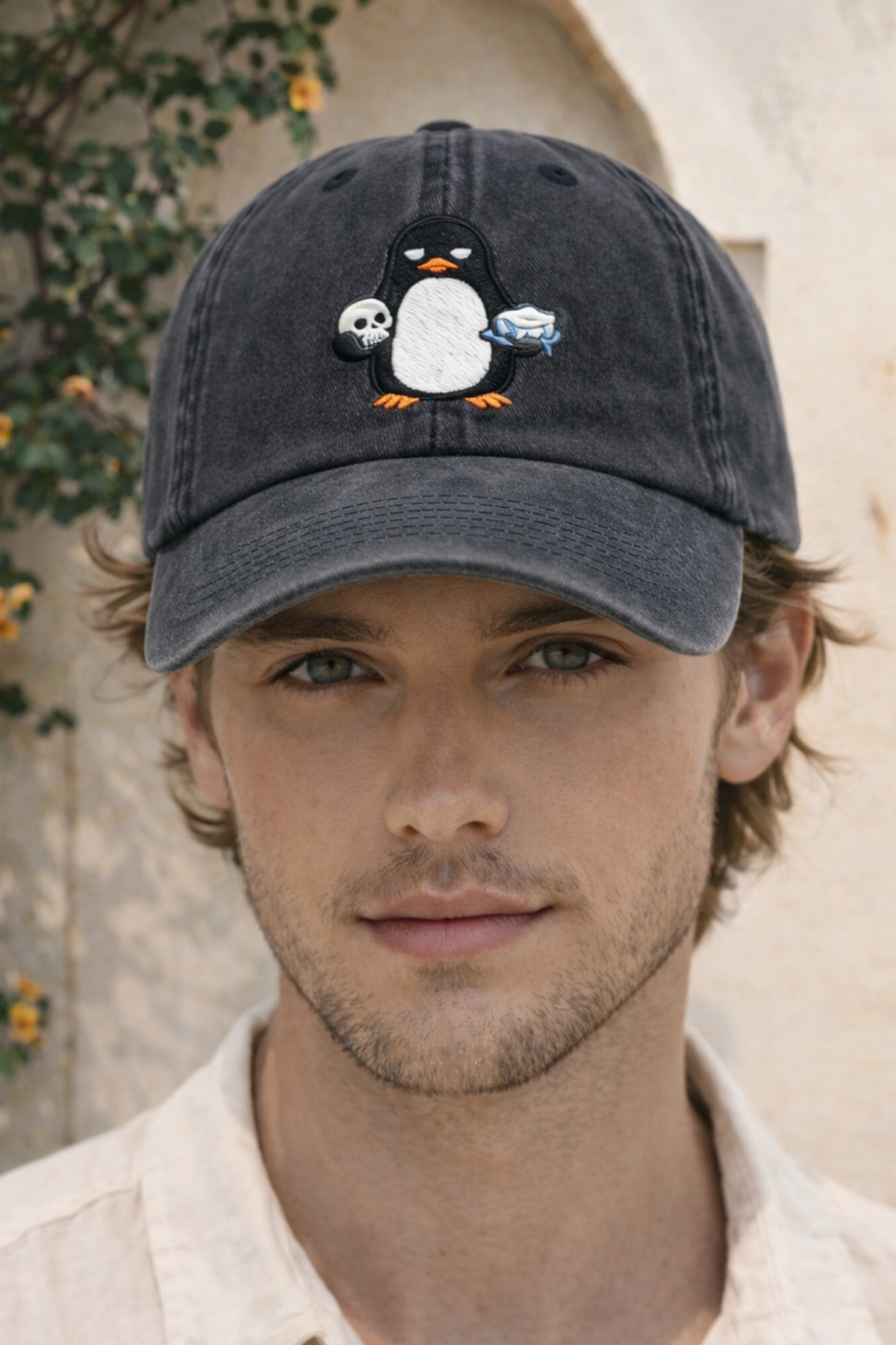 Penguen Nakışlı Siyah Unisex Baseball Cap – Yıkamalı Vintage Stil