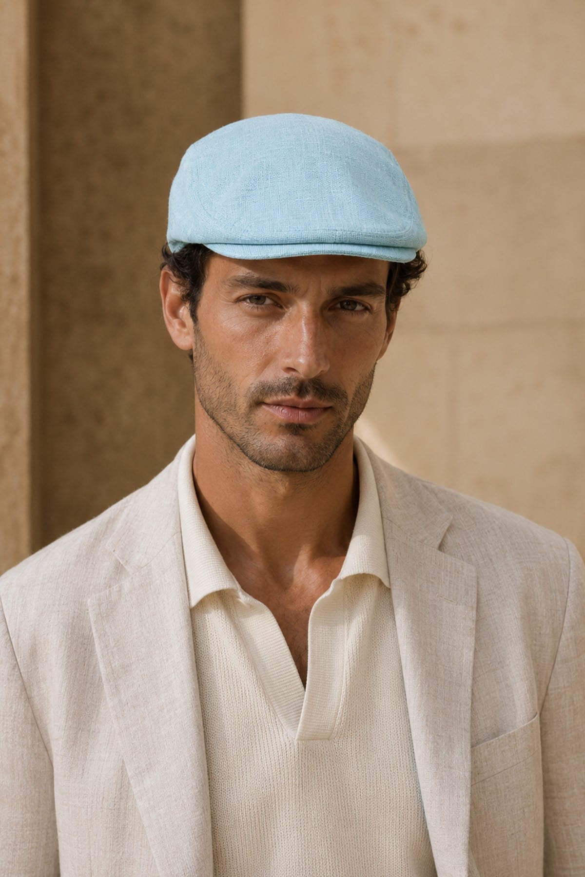 Positano Sky Keten Dokulu Slim Fit Kasket – Flat Cap | Riviera Collection