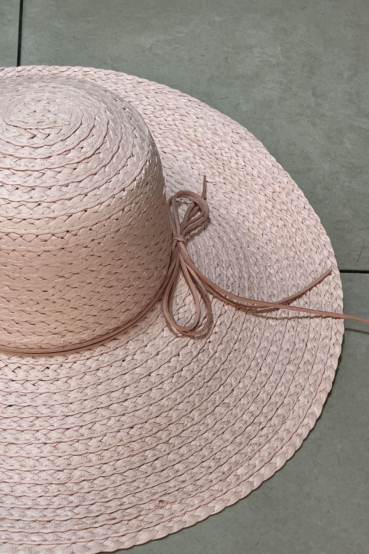 Premium Rafya Oversize Pembe Geniş Hasır Plaj Şapkası