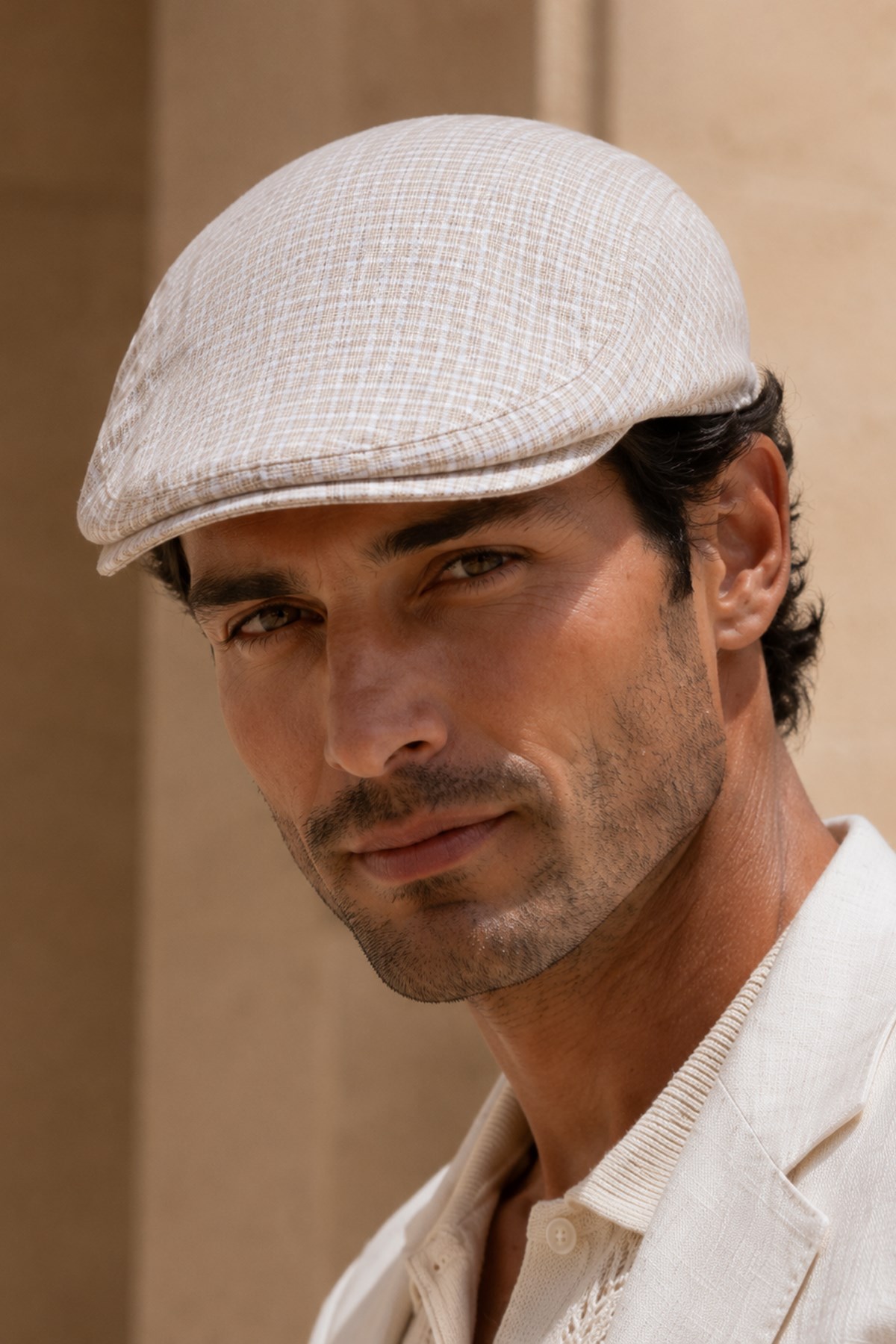 Sand Weave Keten Dokulu Slim Fit Kasket – Flat Cap | Riviera Collection