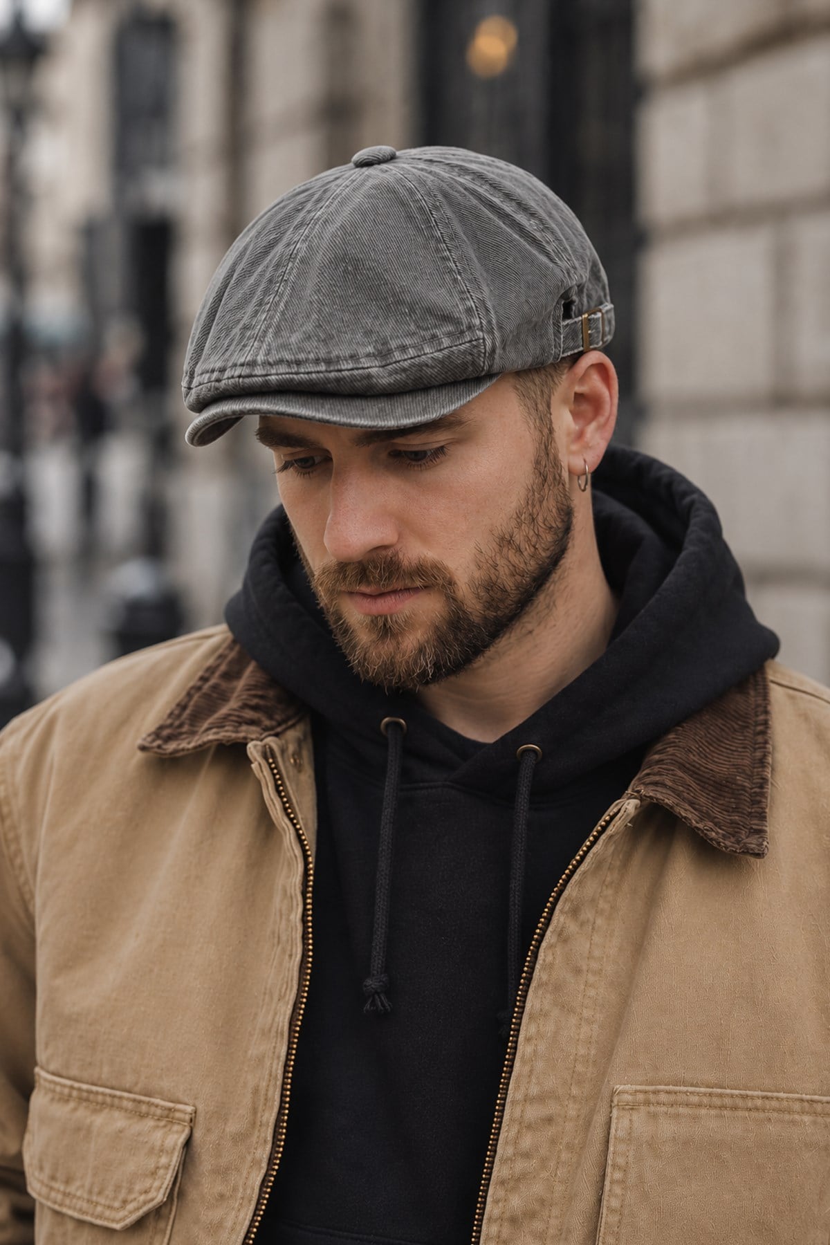 Stonewash Flat Cap Şapka – Ayarlanabilir Tokalı Newsboy Cap - Gray