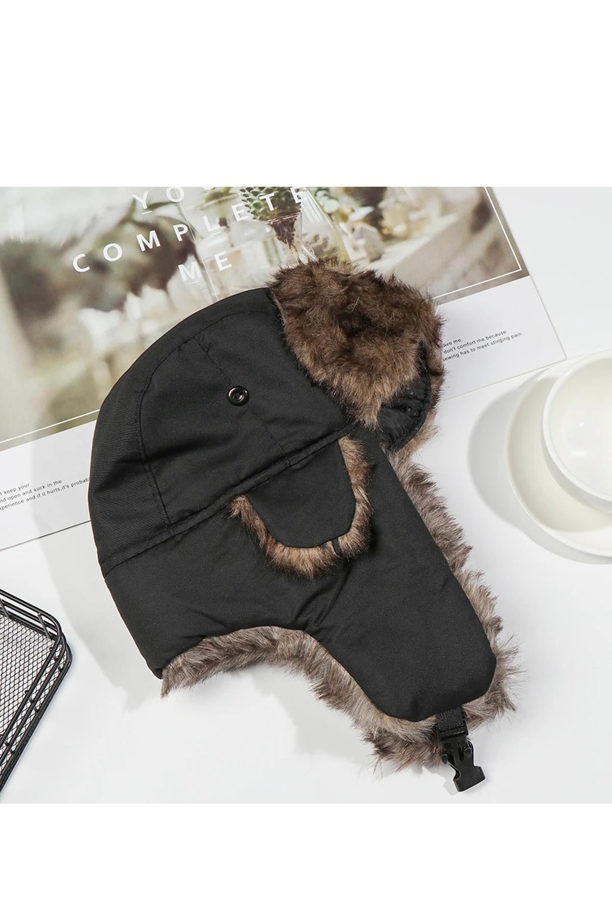Unisex Çocuk Sıcak Kürklü Bere Kışlık Kulaklı Kayak Şapkası 52Cm
