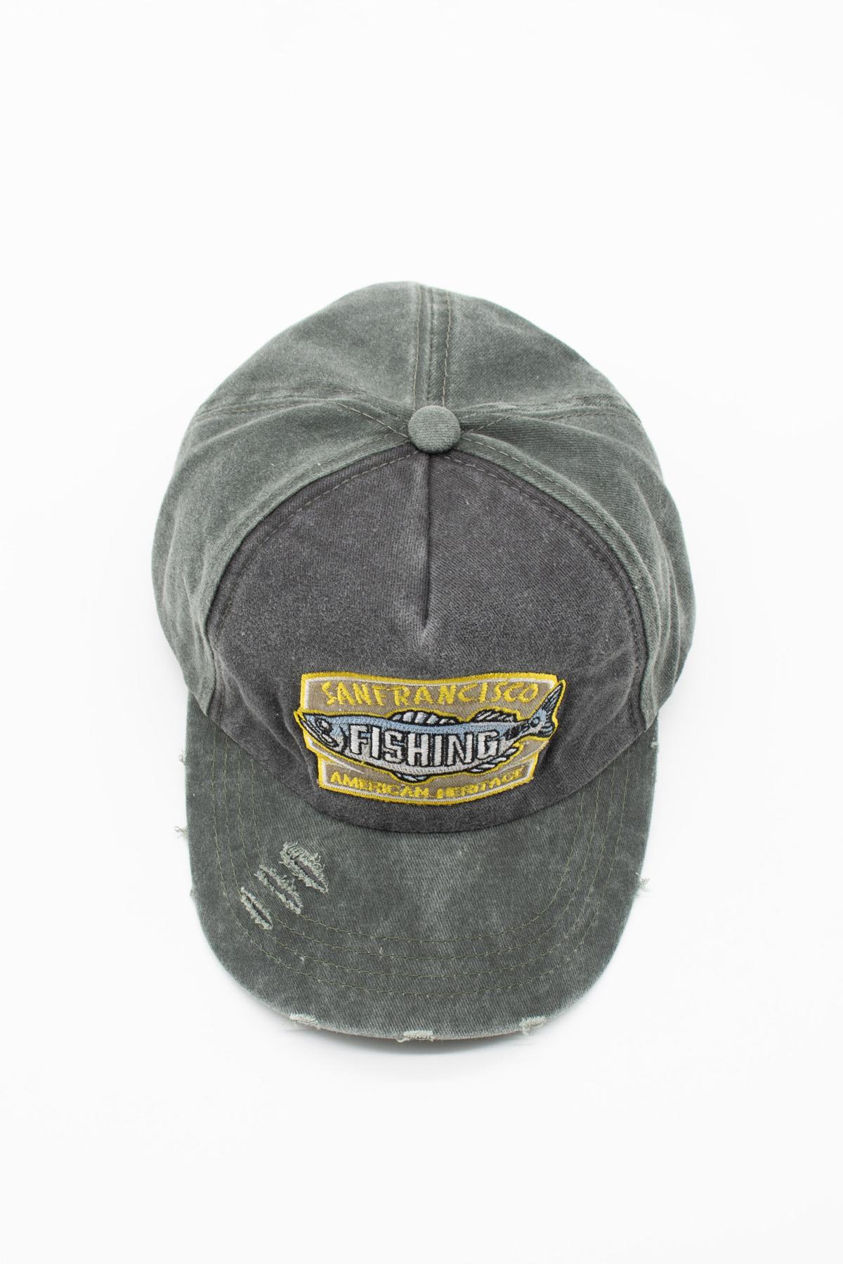 Vintage Eskitme Balık Logolu Denim Şapka | San Francisco Trucker Kep