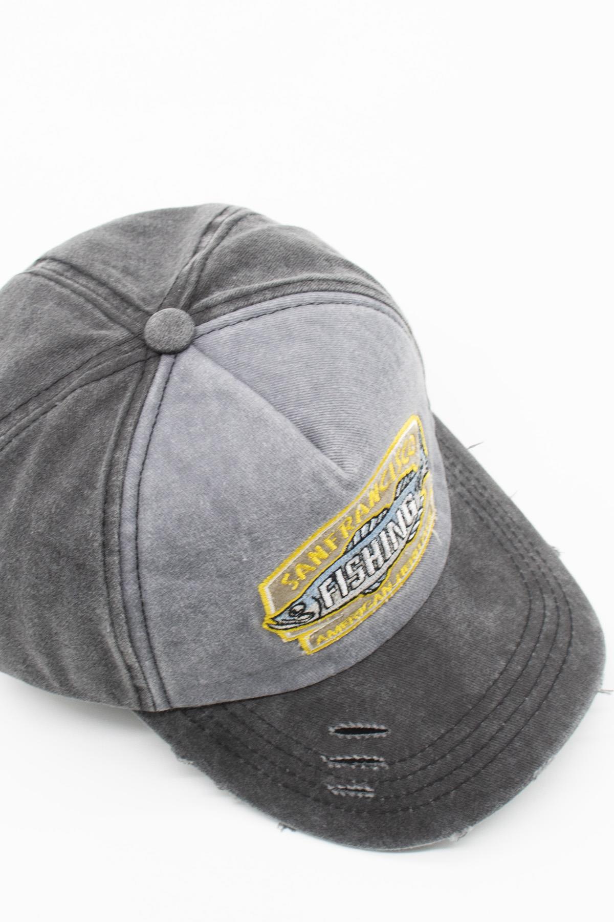 Eskitme Balık Logolu Denim Şapka | San Francisco Trucker Kep