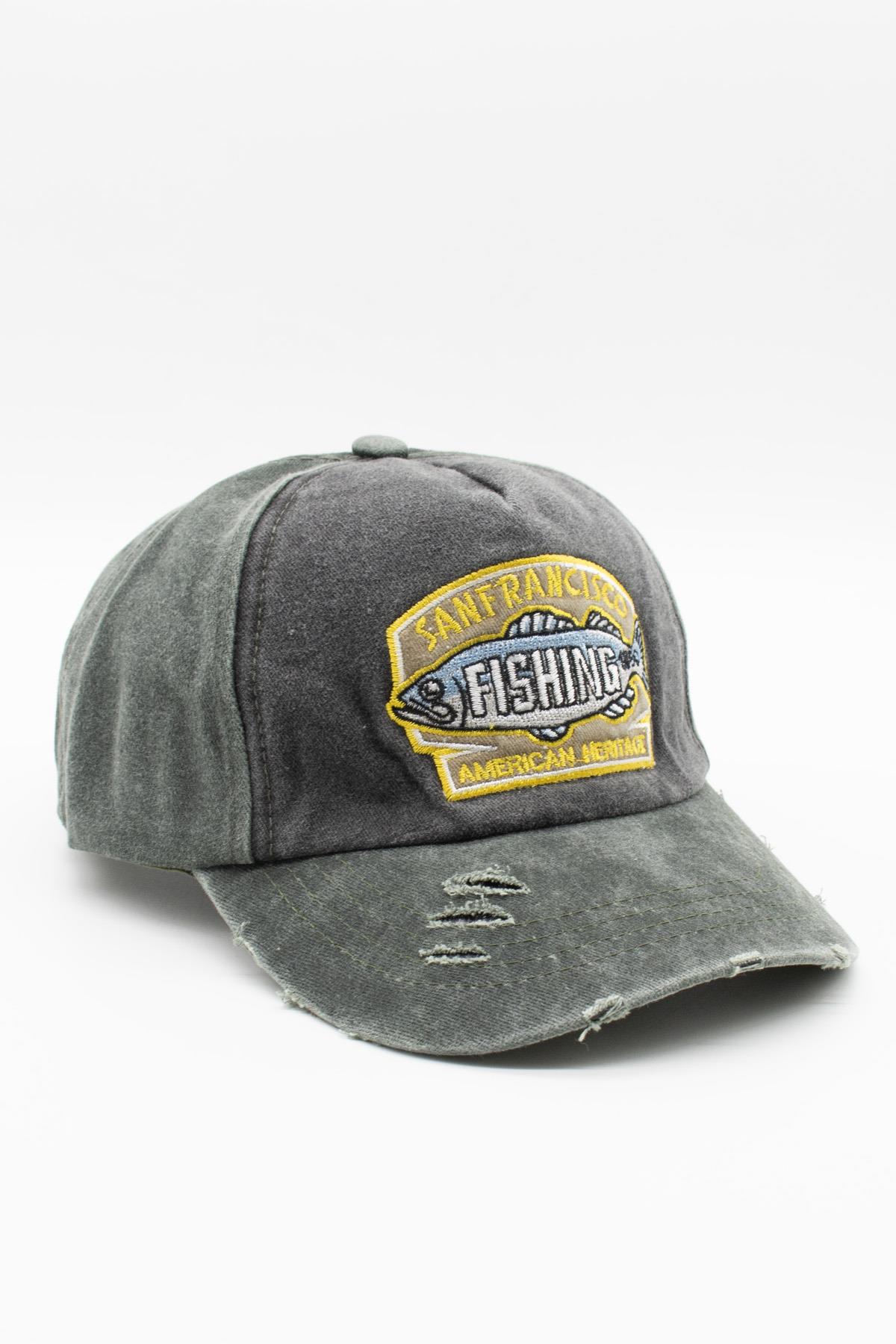Vintage Eskitme Balık Logolu Denim Şapka | San Francisco Trucker Kep