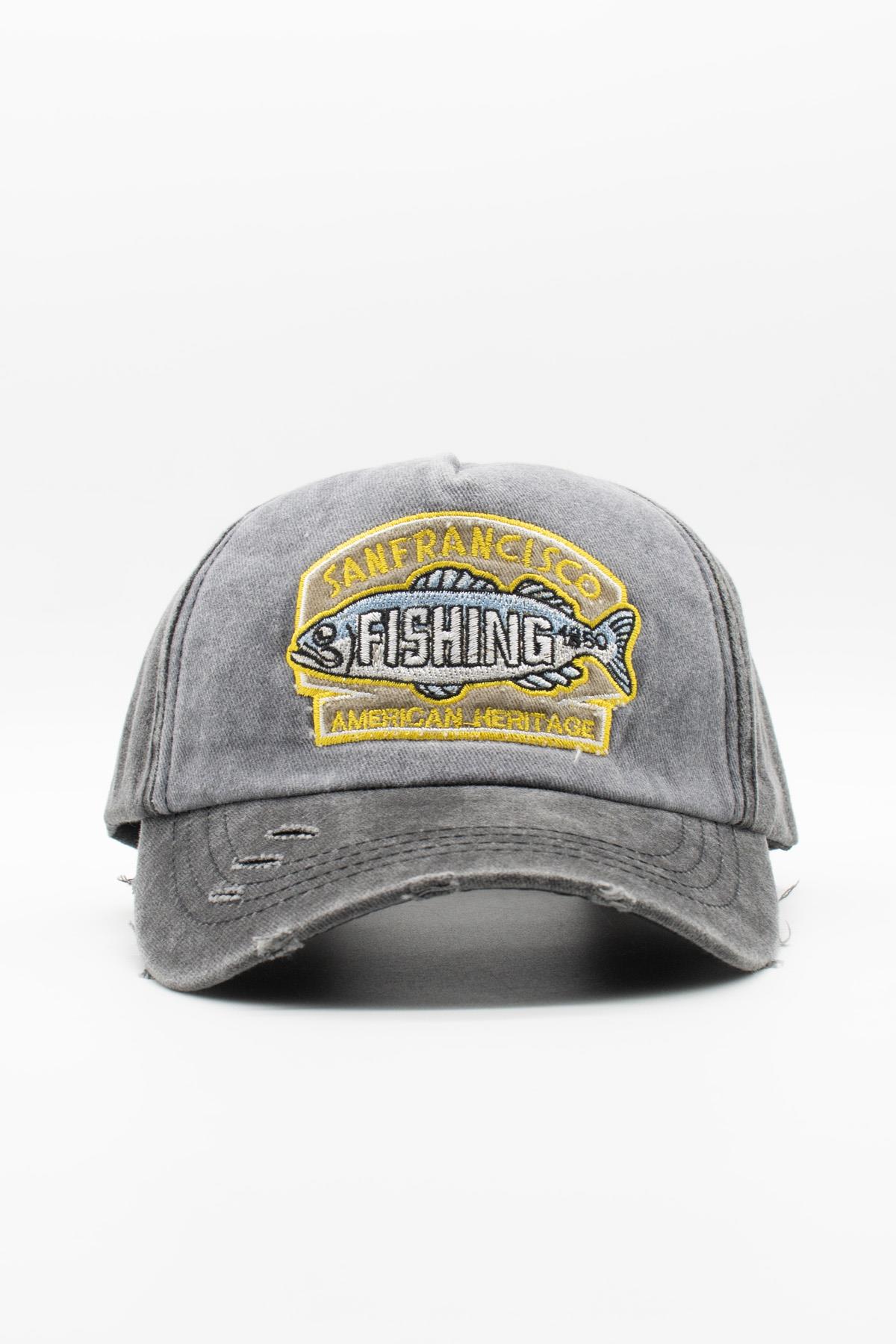 Eskitme Balık Logolu Denim Şapka | San Francisco Trucker Kep