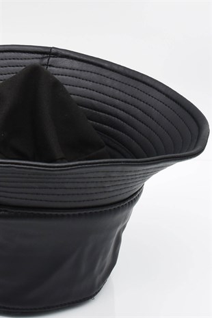 Kadın Suni Deri Kışlık Bucket Balıkçı Şapka-Siyah