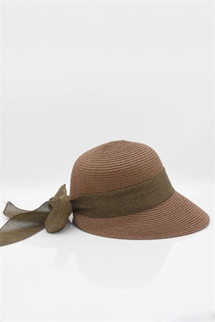 Womens Bow Detailed Brown Straw Hat