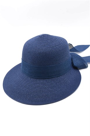 Womens Bow Detailed Navy Straw Hat