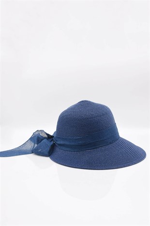 Womens Bow Detailed Navy Straw Hat