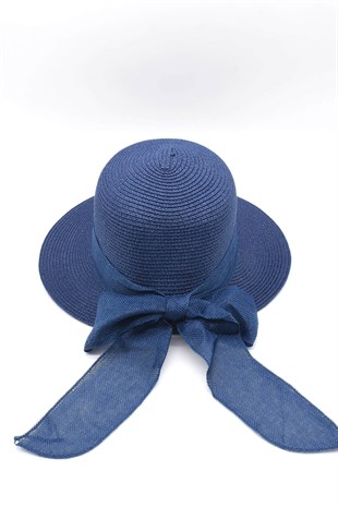 Womens Bow Detailed Navy Straw Hat