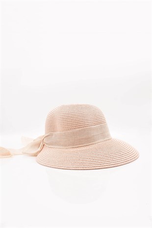 Womens Bow Detailed Powder Straw Hat