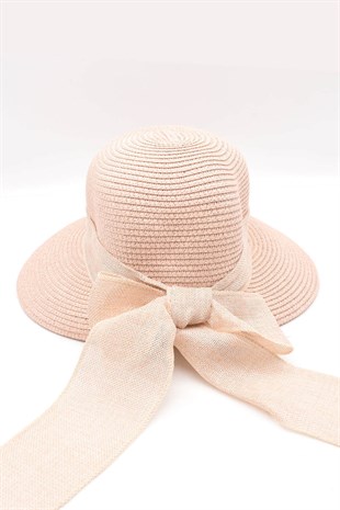 Womens Bow Detailed Powder Straw Hat