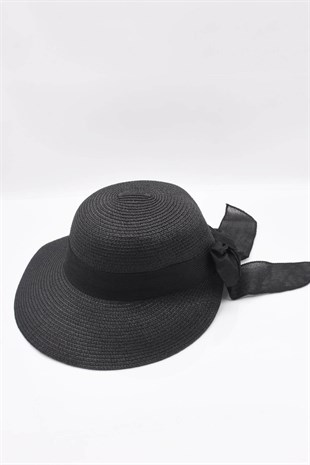 Womens Bow Detailed Black Straw Hat