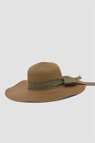 Kadın Geniş Siperli Kahve Hasır Şapka