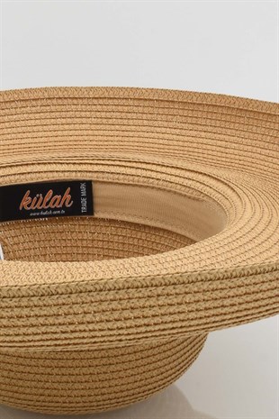 Kadın Kenarları Dalgalı Trend Camel Hasır Şapka