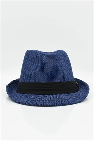 Womens Straw Fedora Hat - Navy