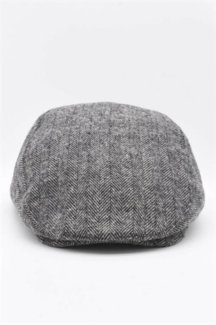 Mens Herringbone Grey Flat Cap Hat