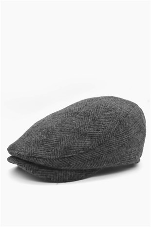 Erkek Kasket Balıksırtı Flat Cap Termal Yün Şapka-Füme