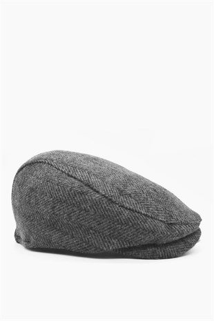 Erkek Kasket Balıksırtı Flat Cap Termal Yün Şapka-Füme