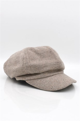 Kadın Kasket Yün Flat Cap Vizon Şapka