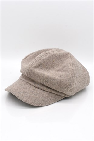 Kadın Kasket Yün Flat Cap Vizon Şapka