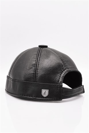 Erkek Gerçek Deri Docker Şapka Siyah Skullcap