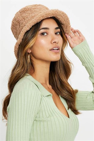 Kadın Kışlık Suni Kürk Camel Peluş Şapka