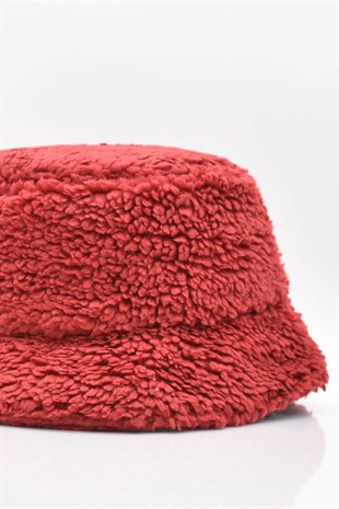 Kadın Sherpa Kürklü Bordo Bucket Şapka